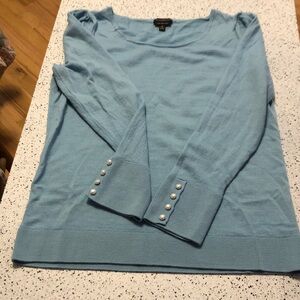 Talbots pure merino wool light blue sweater small pearl cuffs gathered shoulder